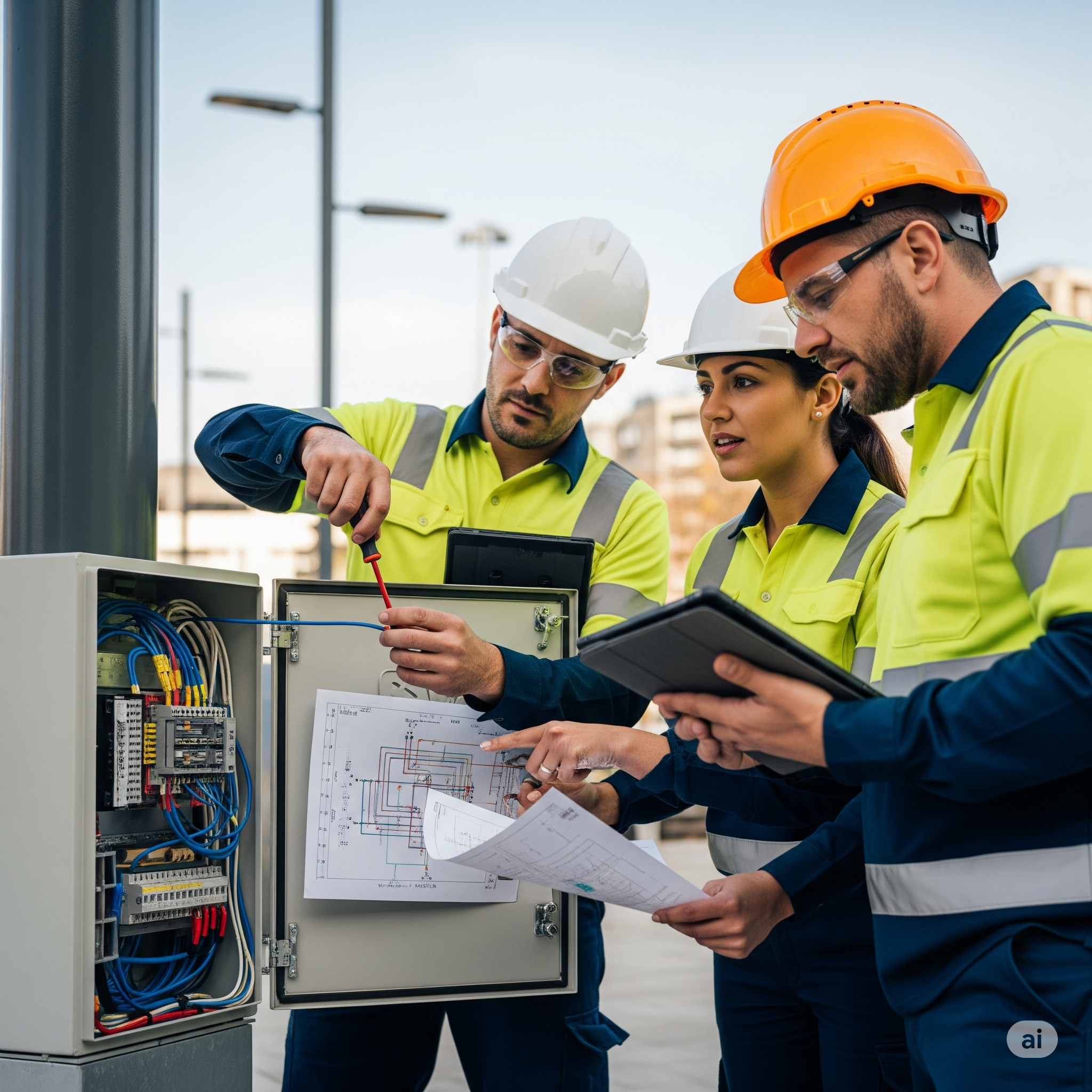 Team installing a street lamp